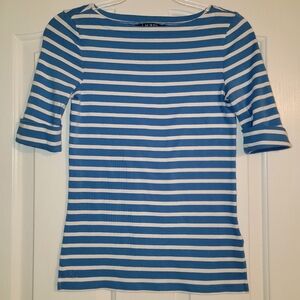 Lauren Ralph Lauren Blue and White Striped Boatneck Top 3/4 Sleeve